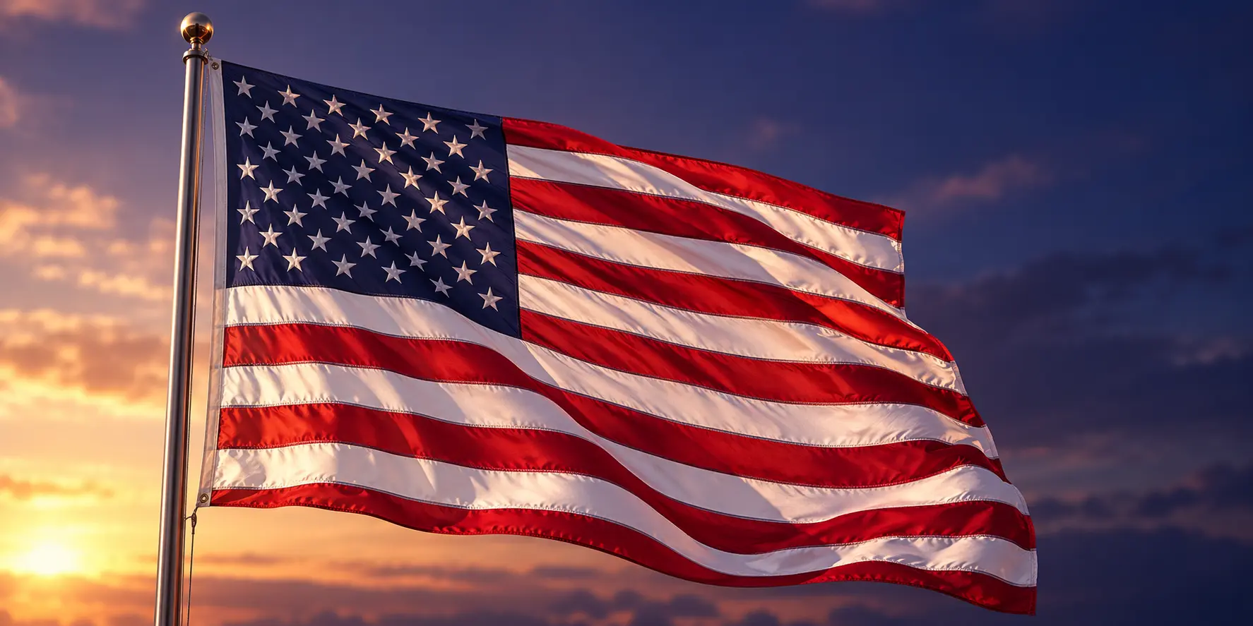 American flag waving on flagpole against sunset sky with clouds