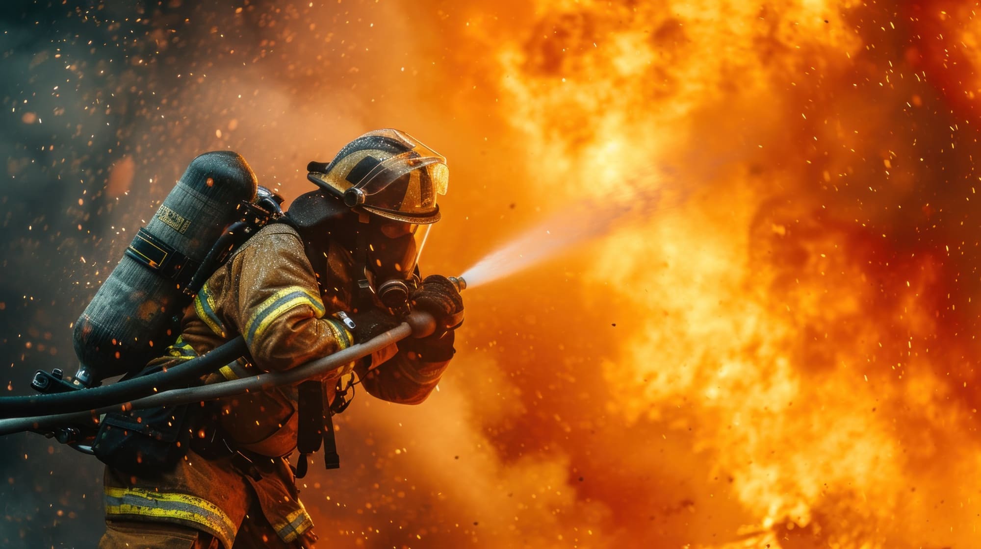 Firefighter in protective gear spraying water on massive flames with intense orange fire and flying sparks