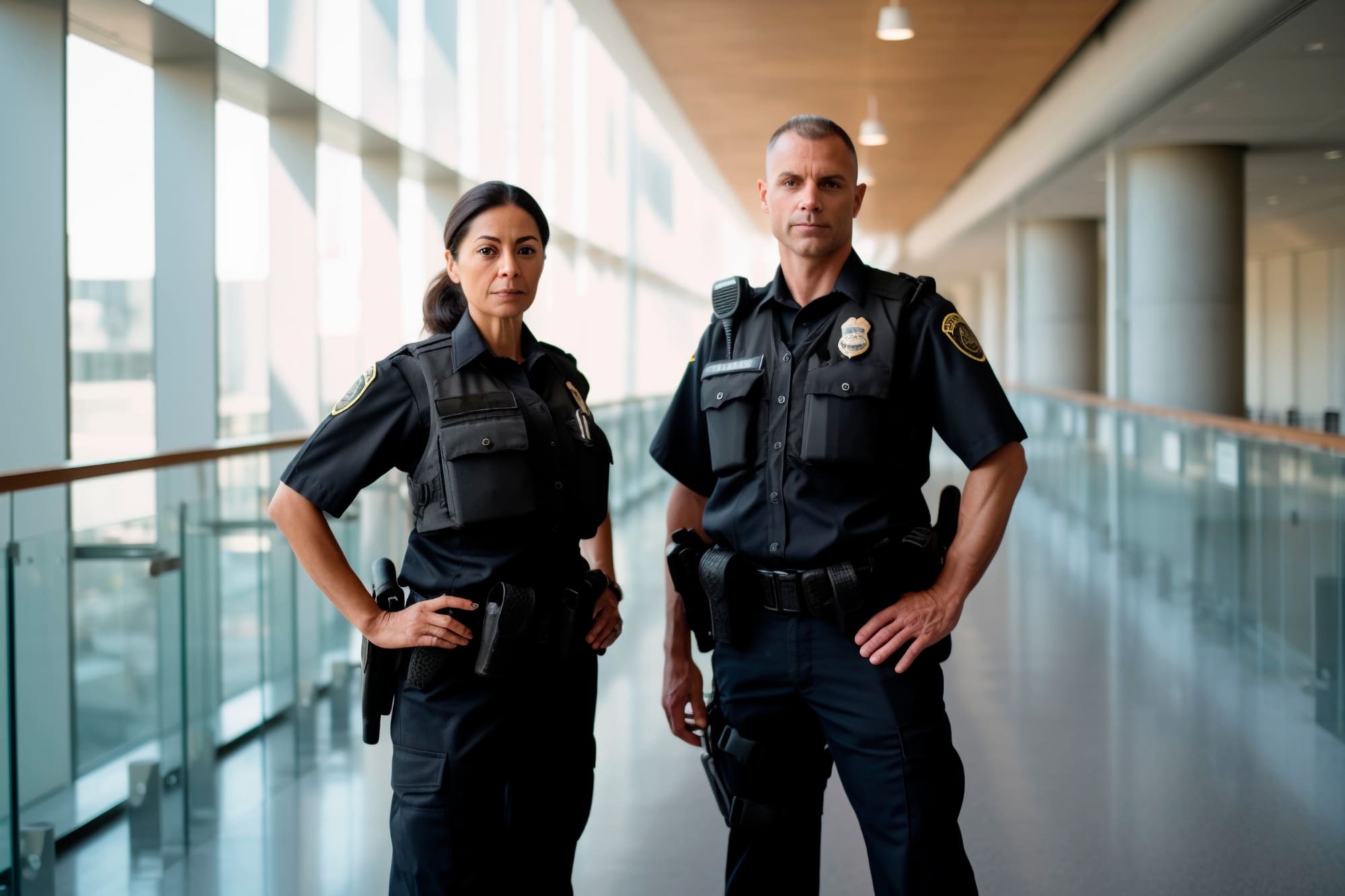 Two security officers in dark uniforms standing in a modern glass corridor with city views